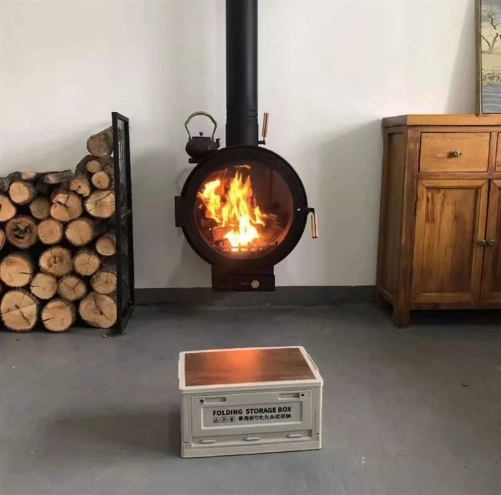 Wood Burning Round Shape Stove Wall Mounted Wheel Fireplace